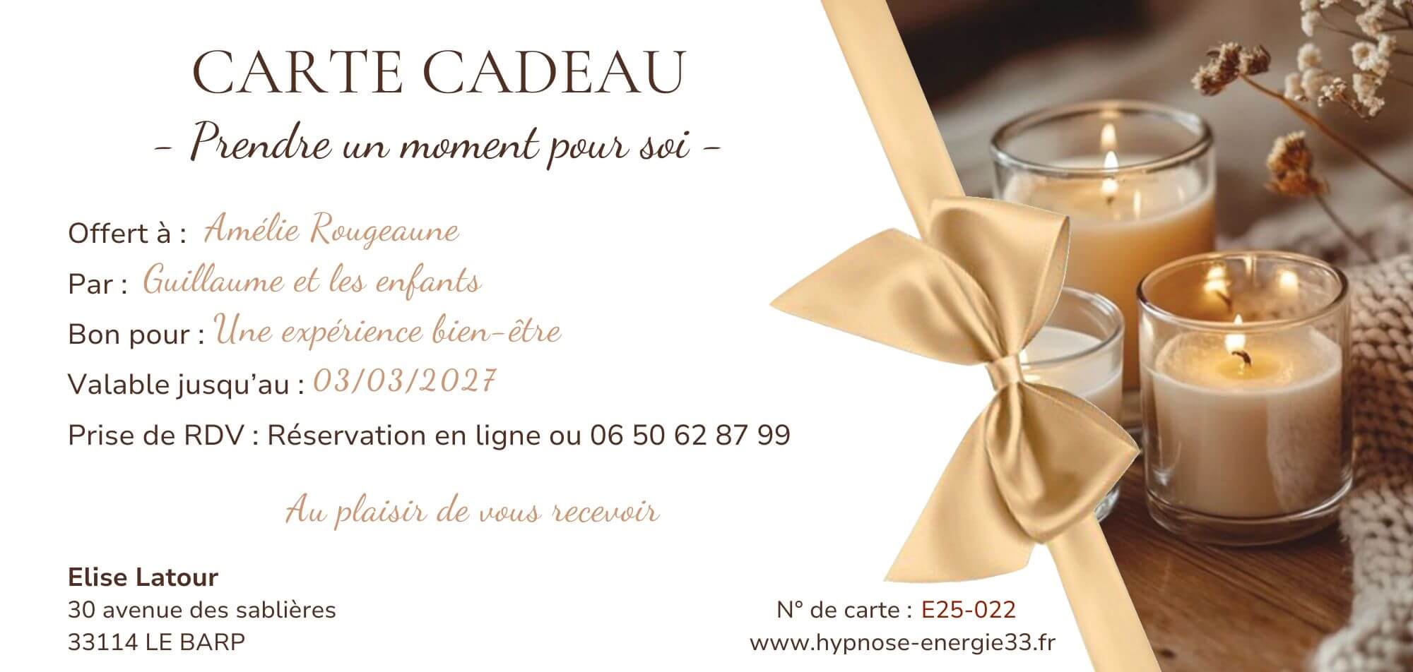Carte cadeau soin énergétique et massage Le Barp - Expérience bien-être femme
